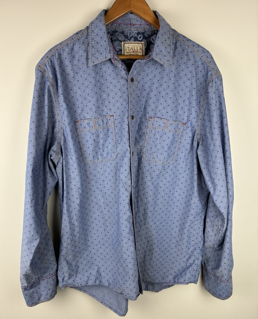 Vintage Italia C.1958 Men’s XL Chambray Shirt Floral Print Cotton Western Cowboy
